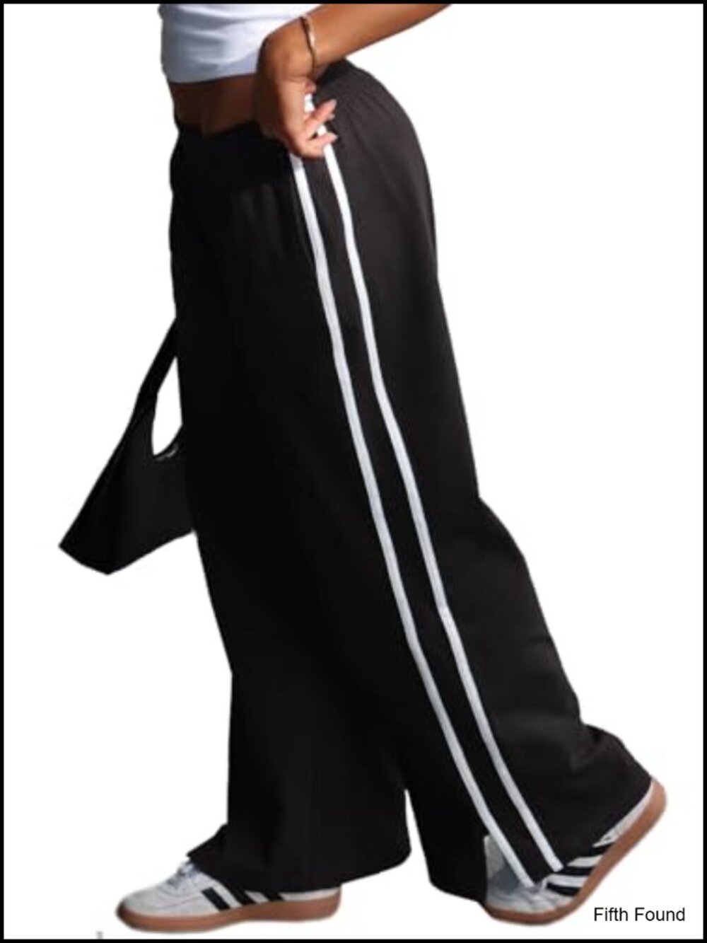 Wide Leg Pants Elastic Waist Side Pockets Double Stripe Split Hem Woven